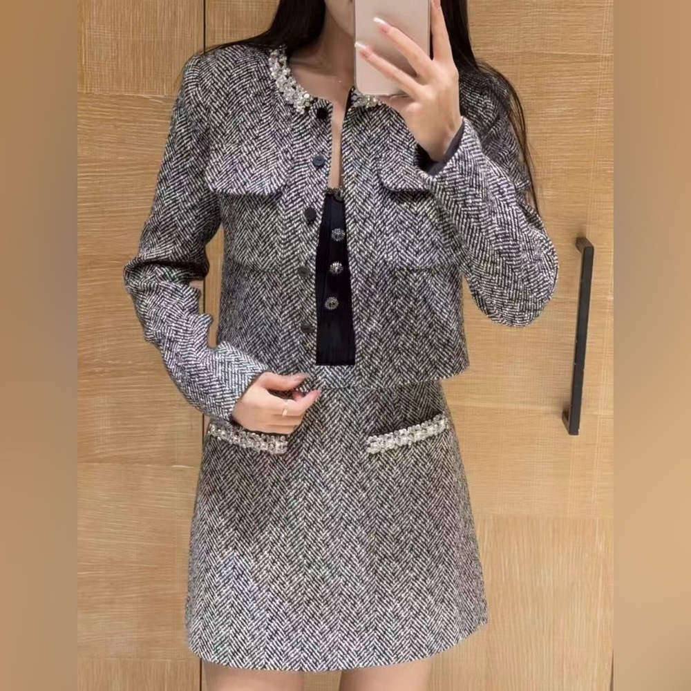 Self Portrait Herringbone Patterned Mini Skirt Black US2/UK6